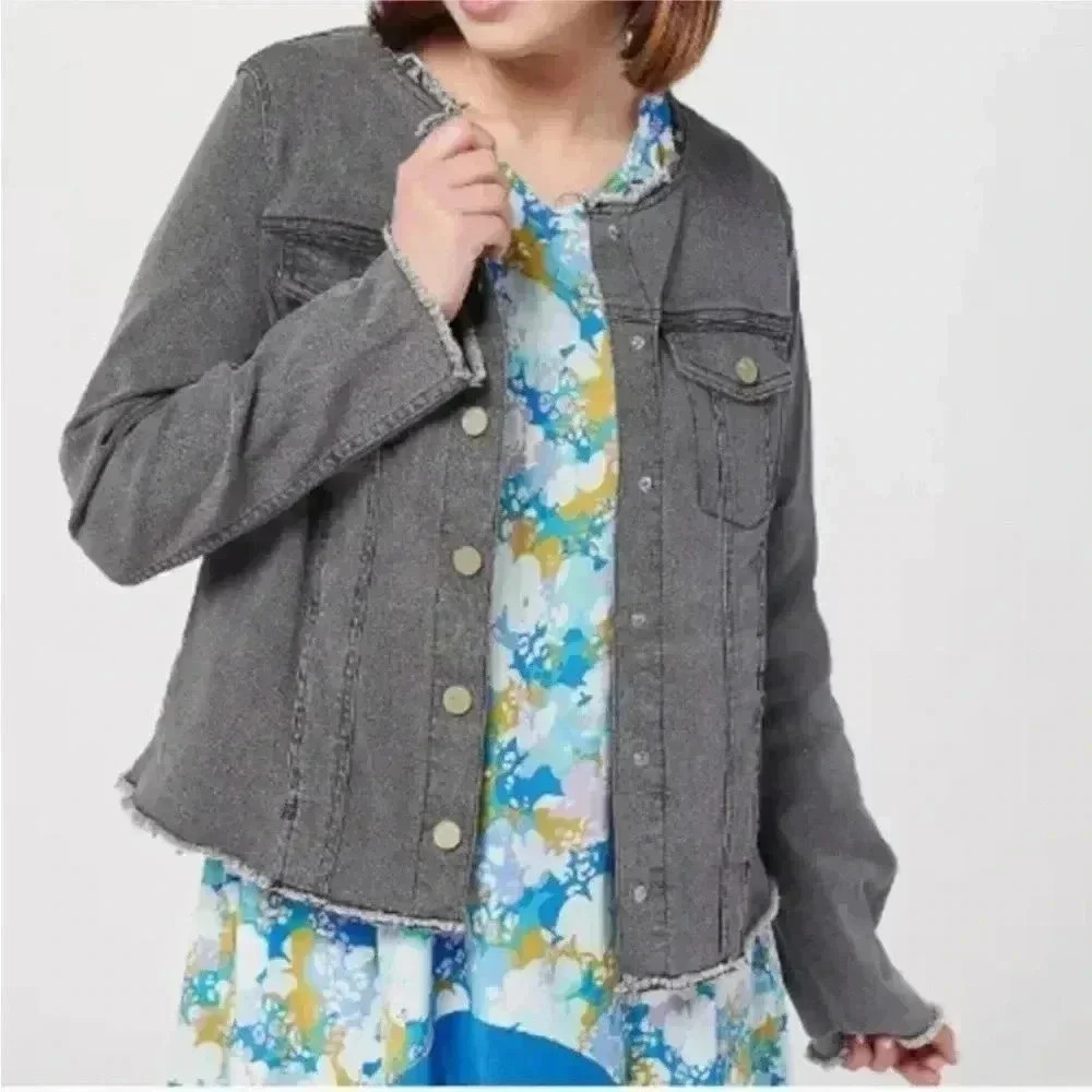 4/$25 LOGO by Lori Goldstein  Distressed Edges Denim Jacket Frayed Grey Sz 4